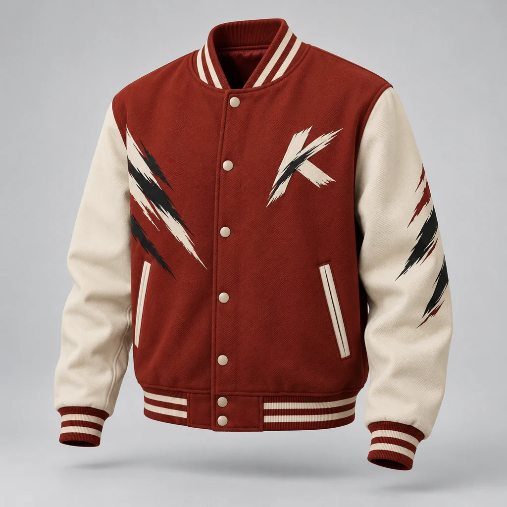 Brickline Varsity Jacket in Brick Red / Cream, front view